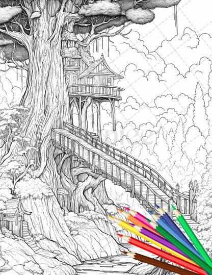 110 Enchanted Treehouse Coloring Book Printable for Adults, Grayscale Coloring Page, PDF File Instant Download