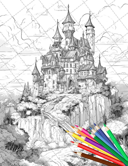 122 Fantasy Castles Coloring Book for Adults, Grayscale Coloring Page, Printable PDF Instant Download