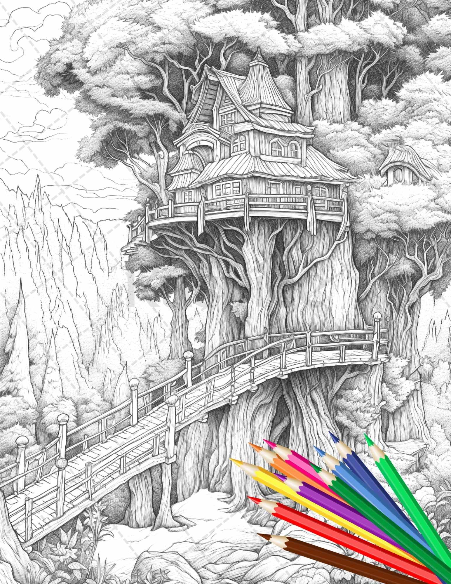 110 Enchanted Treehouse Coloring Book Printable for Adults, Grayscale Coloring Page, PDF File Instant Download