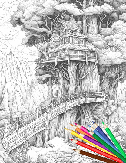 110 Enchanted Treehouse Coloring Book Printable for Adults, Grayscale Coloring Page, PDF File Instant Download