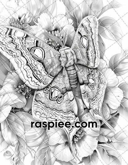 77 Butterflies and Moths Grayscale Adult Coloring Pages, Printable PDF Instant Download