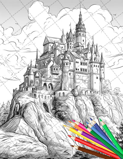 122 Fantasy Castles Coloring Book for Adults, Grayscale Coloring Page, Printable PDF Instant Download