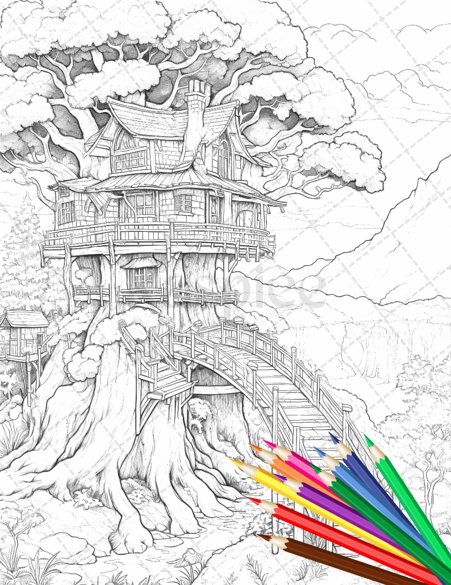 110 Enchanted Treehouse Coloring Book Printable for Adults, Grayscale Coloring Page, PDF File Instant Download