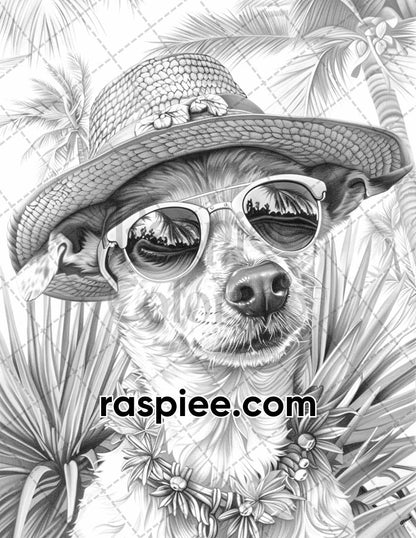 90 Summer Dogs Grayscale Adult Coloring Pages, Printable PDF Instant Download