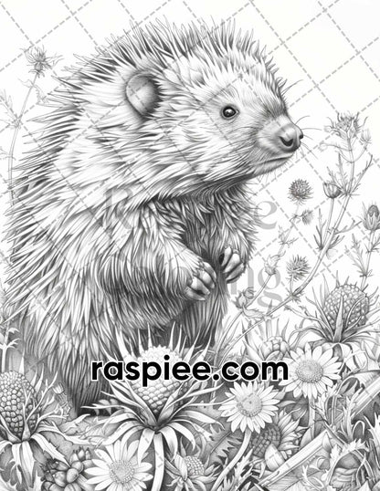 77 Baby Animals with Flowers Grayscale Adult Coloring Pages Printable PDF Instant Download