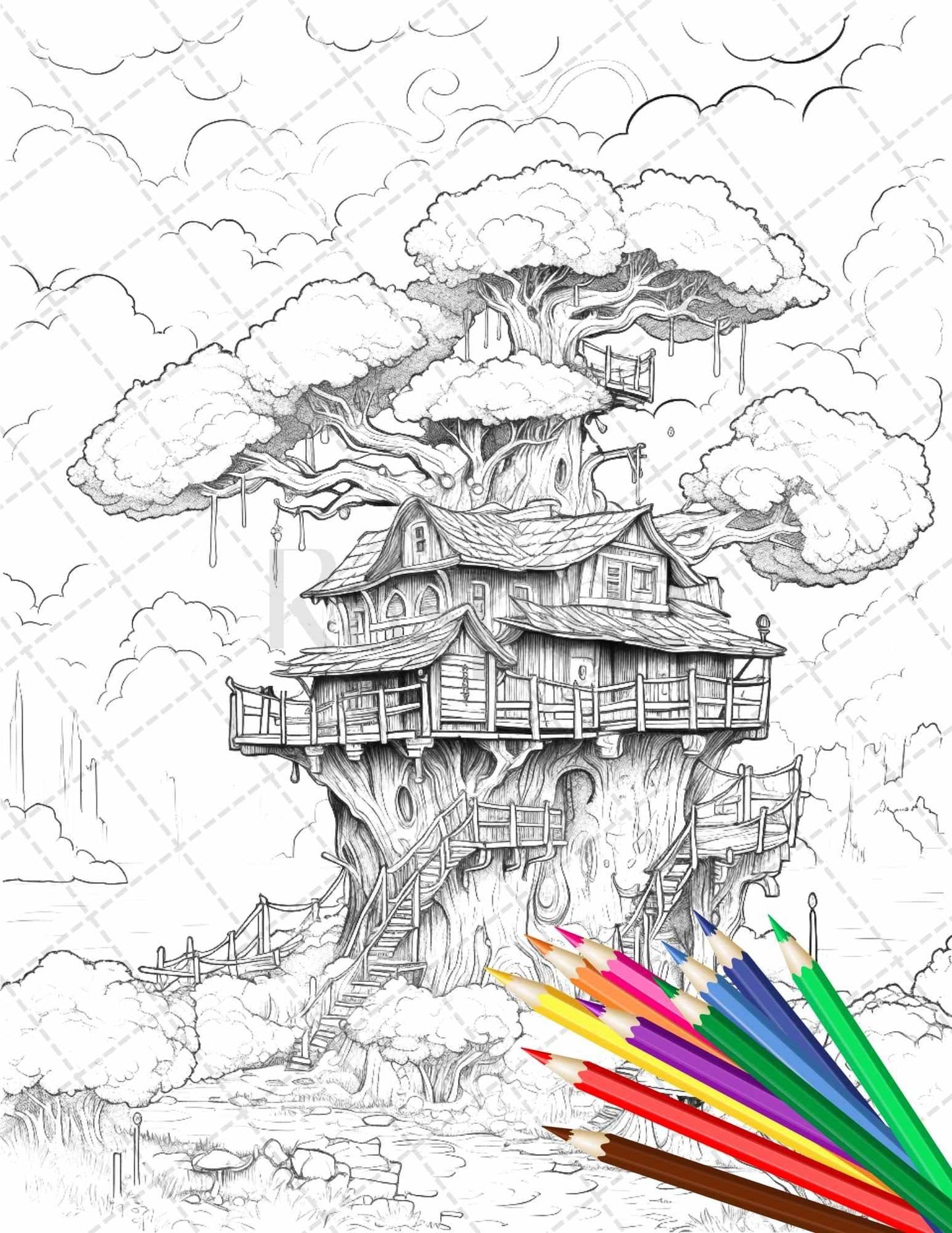 110 Enchanted Treehouse Coloring Book Printable for Adults, Grayscale Coloring Page, PDF File Instant Download
