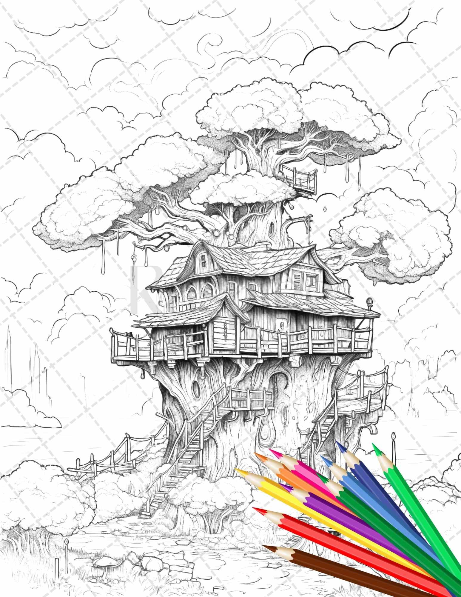 110 Enchanted Treehouse Coloring Book Printable for Adults, Grayscale Coloring Page, PDF File Instant Download