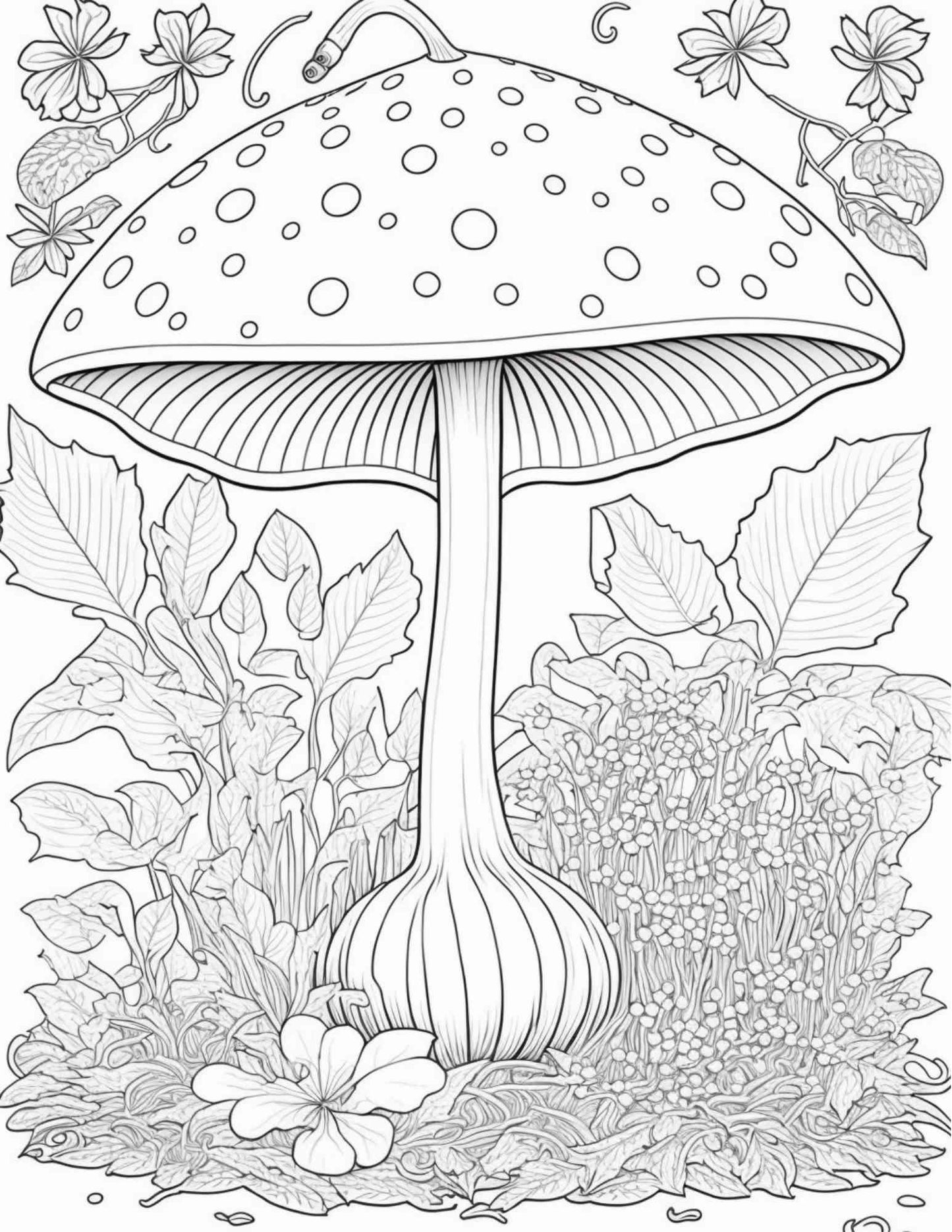 100 Mushroom Forest Coloring Pages Printable for Adults and Kids, Grayscale Coloring Book, Printable PDF File Instant Download