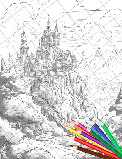 122 Fantasy Castles Coloring Book for Adults, Grayscale Coloring Page, Printable PDF Instant Download