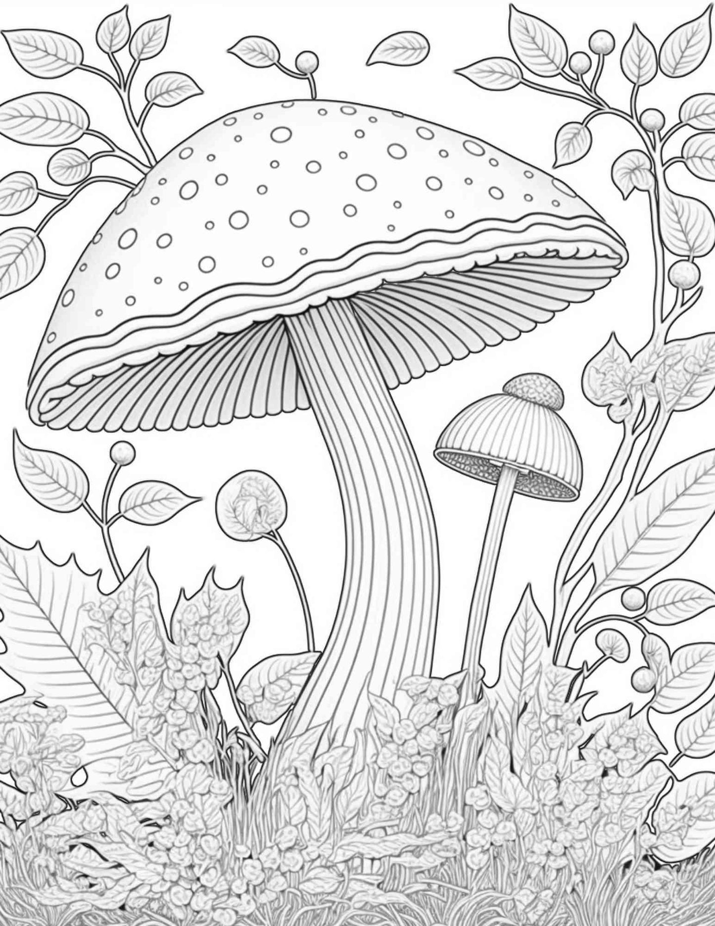 100 Mushroom Forest Coloring Pages Printable for Adults and Kids, Grayscale Coloring Book, Printable PDF File Instant Download