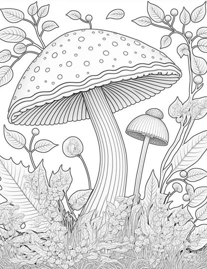 100 Mushroom Forest Coloring Pages Printable for Adults and Kids, Grayscale Coloring Book, Printable PDF File Instant Download