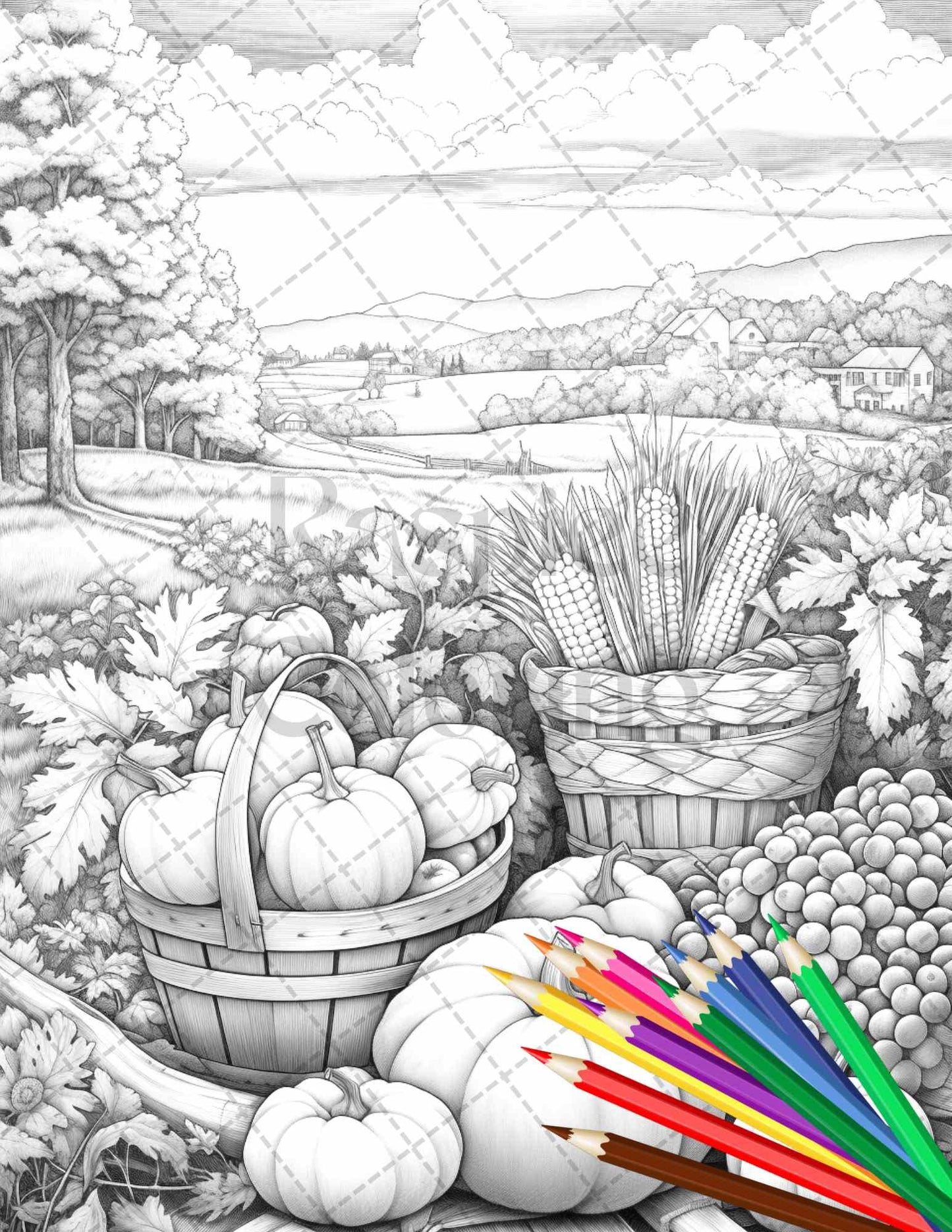 Autumn Harvest Grayscale Coloring Pages Printable for Adults, Relaxing Fall Themed Art, PDF File Instant Download