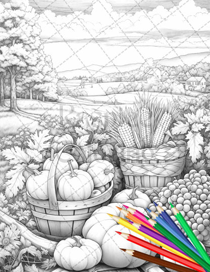 Autumn Harvest Grayscale Coloring Pages Printable for Adults, Relaxing Fall Themed Art, PDF File Instant Download