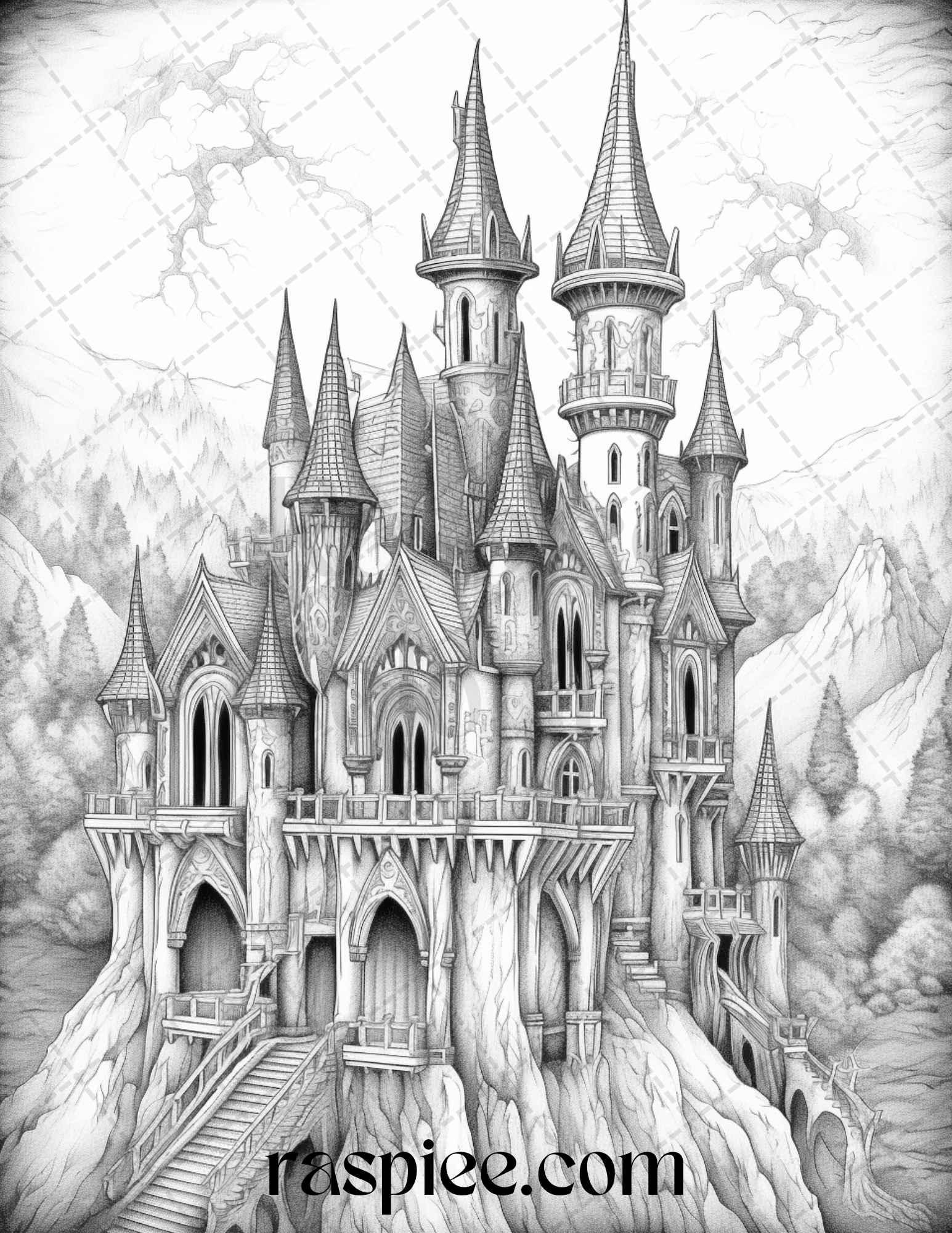 50 Haunted Castles Grayscale Coloring Pages Printable, Halloween Coloring Book, PDF File Instant Download