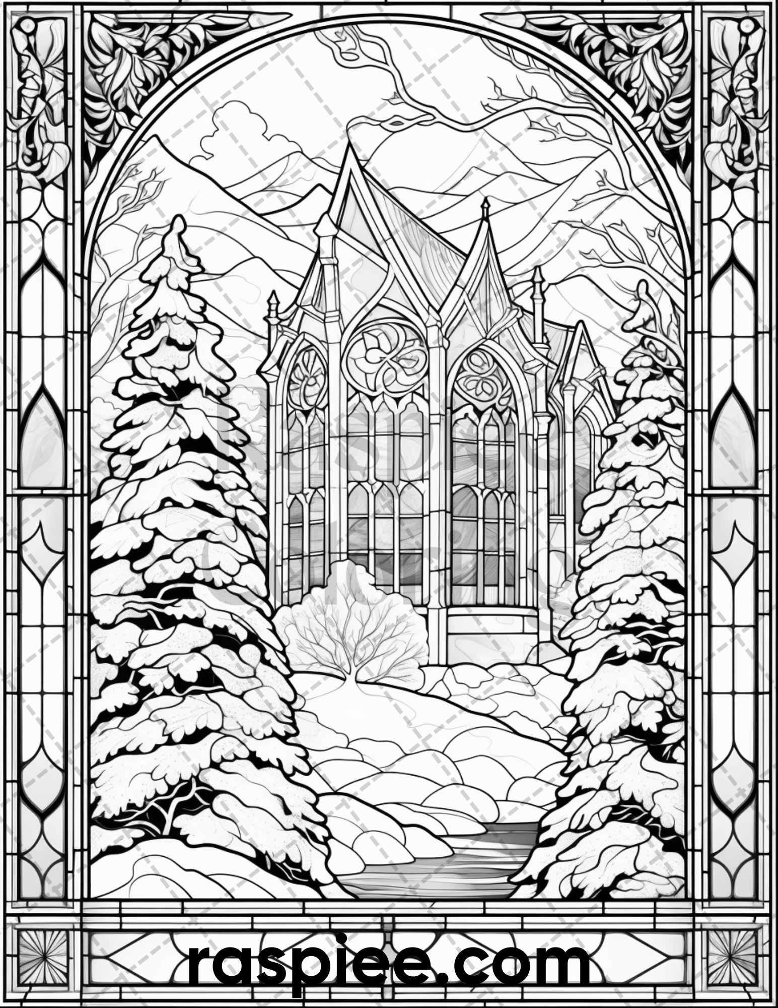 50 Christmas Stained Glass Grayscale Coloring Pages for Adults, Printable PDF File Instant Download