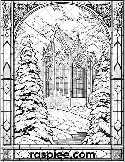 50 Christmas Stained Glass Grayscale Coloring Pages for Adults, Printable PDF File Instant Download