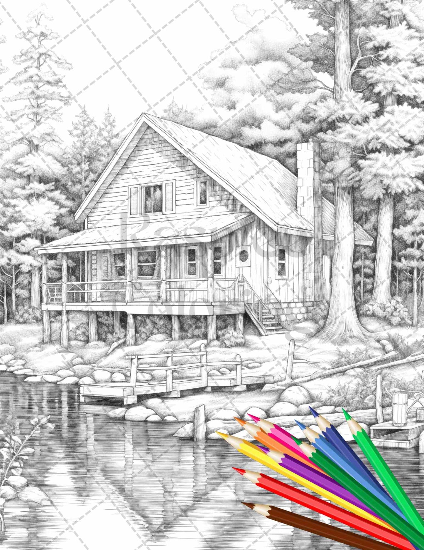 Lake Cabin Scenery Grayscale Coloring Pages Printable for Adults, PDF File Instant Download