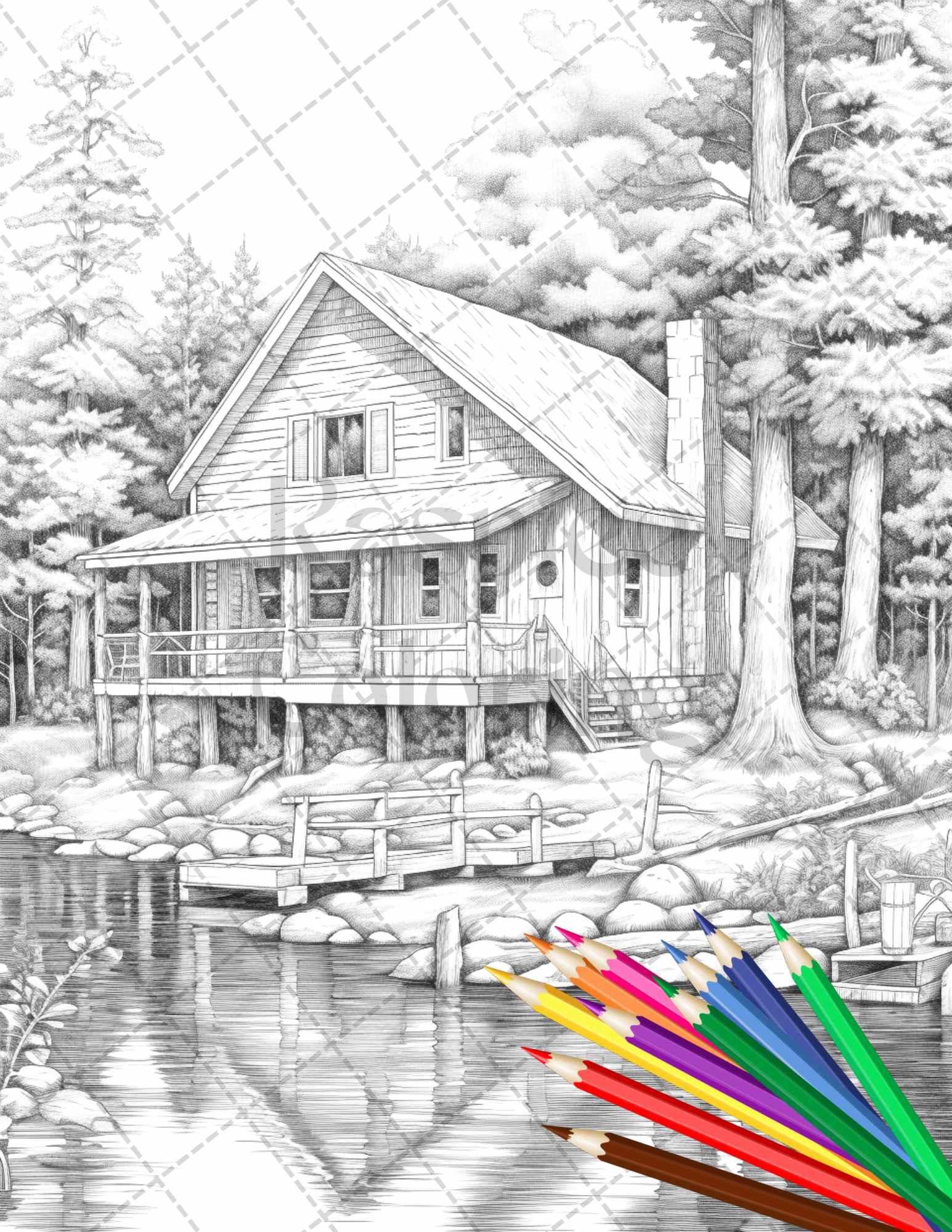 Lake Cabin Scenery Grayscale Coloring Pages Printable for Adults, PDF File Instant Download