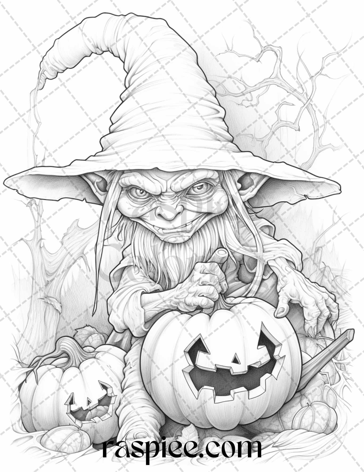 50 Halloween Goblin Grayscale Coloring Pages Printable for Adults, PDF File Instant Download
