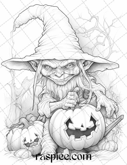 50 Halloween Goblin Grayscale Coloring Pages Printable for Adults, PDF File Instant Download