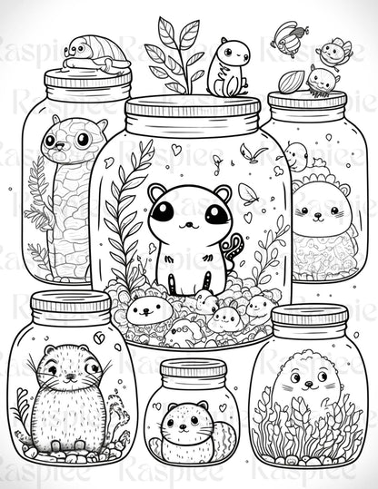 100 Animal in Jar Coloring Pages, Printable Coloring Pages for Kids and Adults, Printable PDF File Instant Download