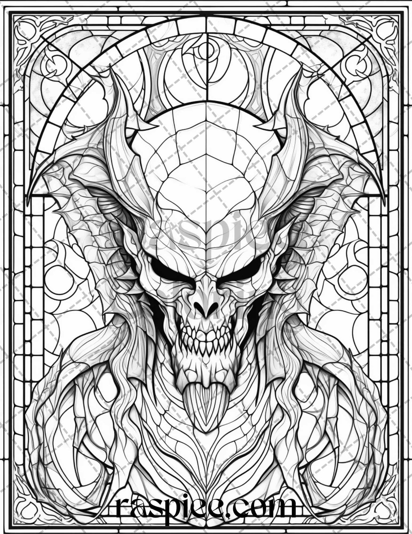 70 Halloween Stained Glass Grayscale Coloring Pages Printable for Adults, PDF File Instant Download