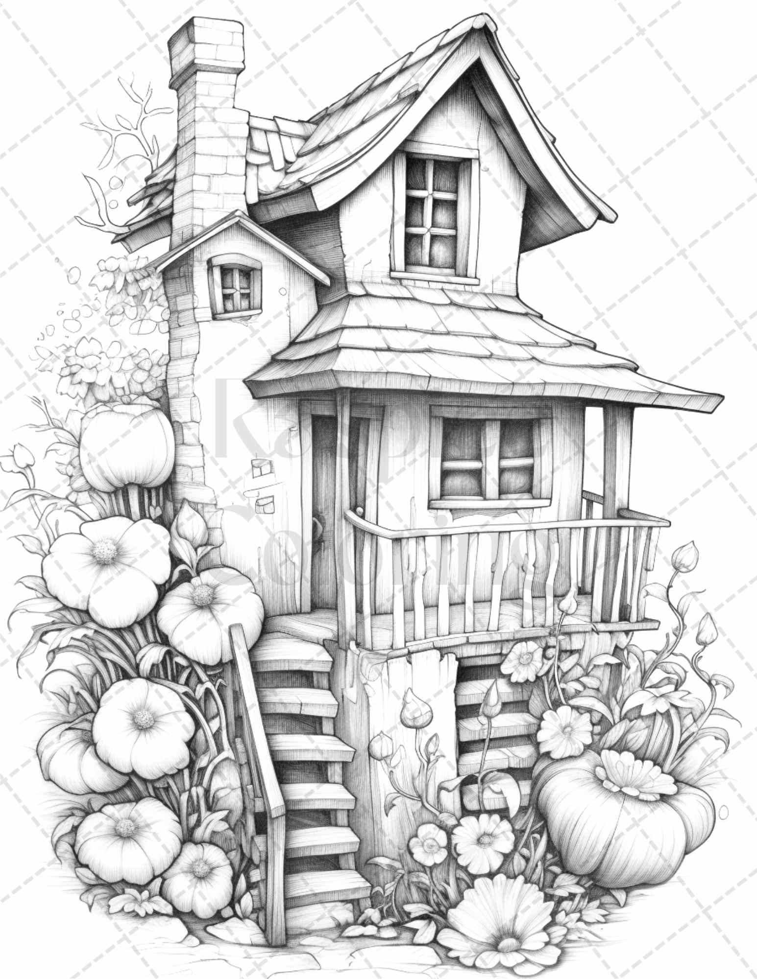 60 Flower Houses Grayscale Coloring Pages Printable for Adults, PDF File Instant Download