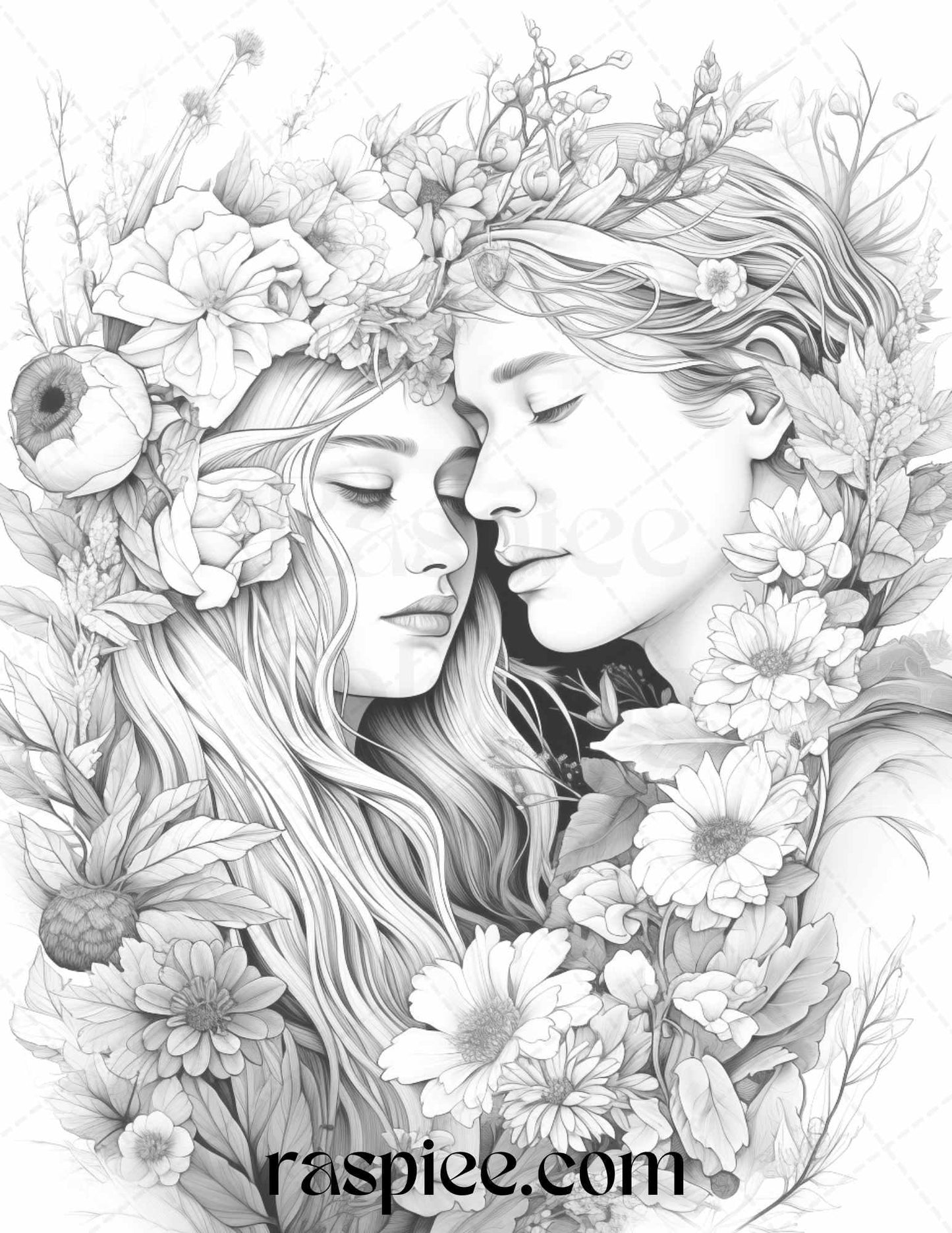 50 Romantic Couple Flowers Grayscale Coloring Pages Printable for Adults, PDF File Instant Download