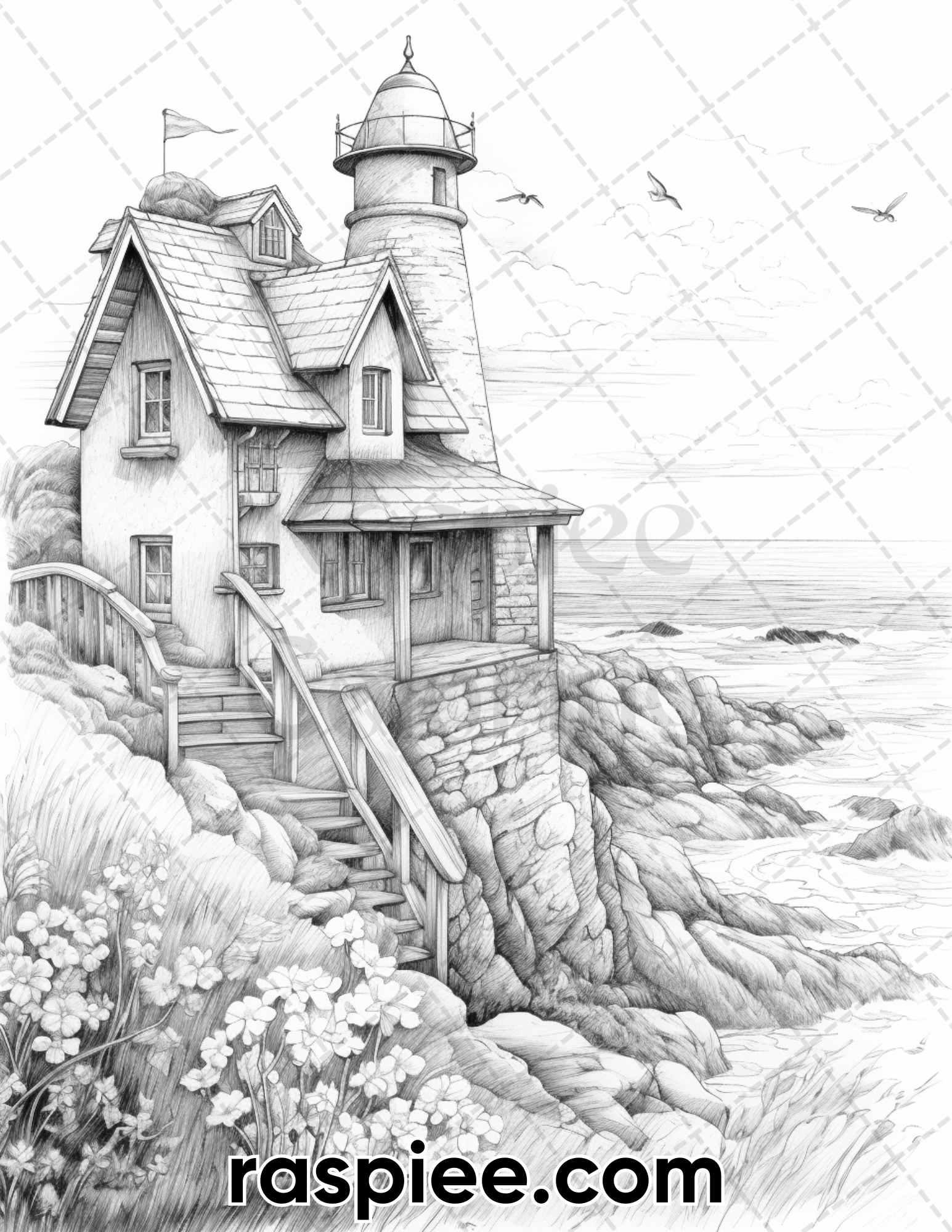 50 Fairy Beach Houses Grayscale Coloring Pages for Adults, Printable PDF Instant Download