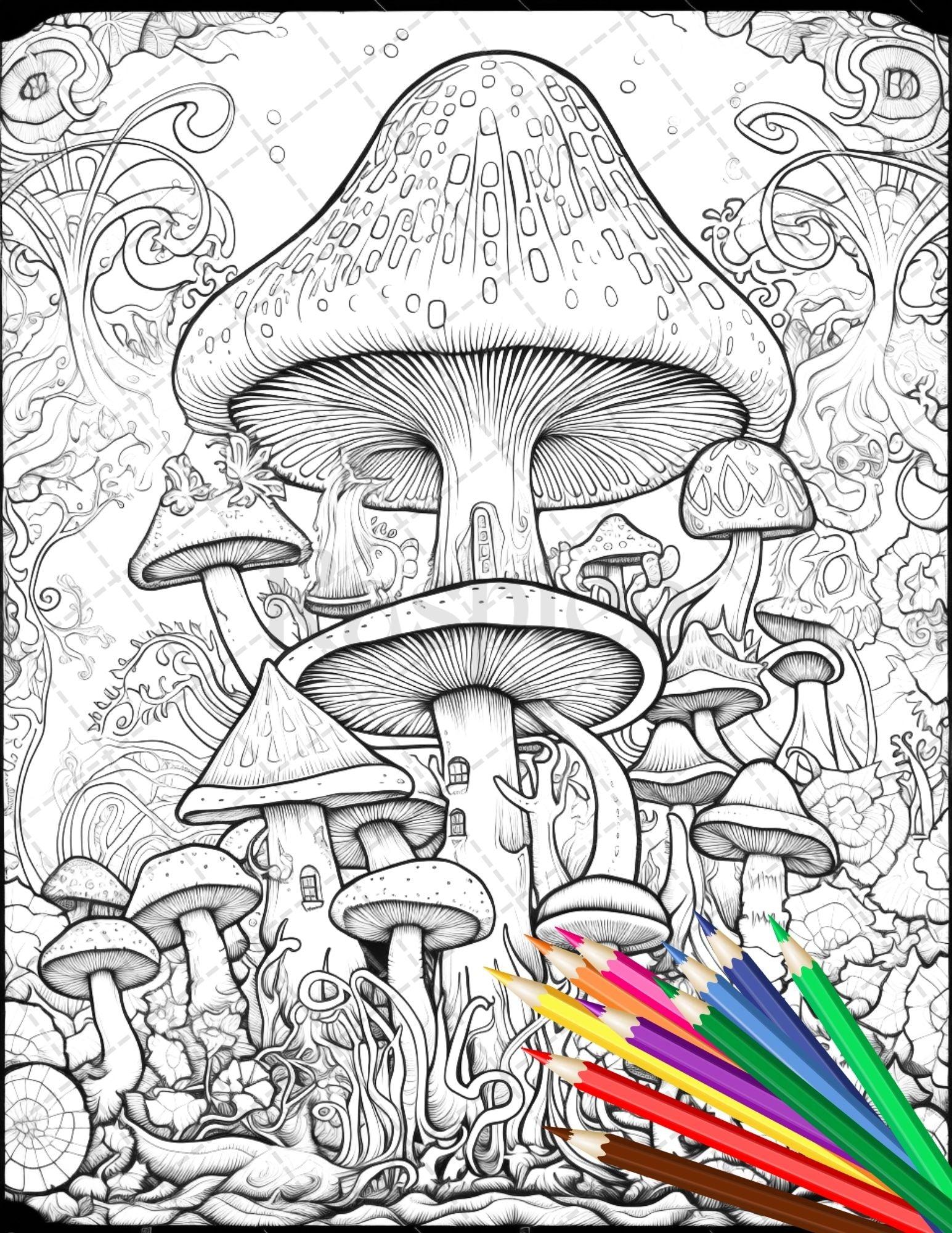 Psychedelic Mushroom Forest Coloring Book Printable for Adults, Trippy Grayscale Coloring Page, PDF File Instant Download