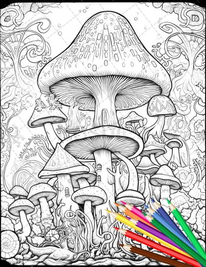 Psychedelic Mushroom Forest Coloring Book Printable for Adults, Trippy Grayscale Coloring Page, PDF File Instant Download