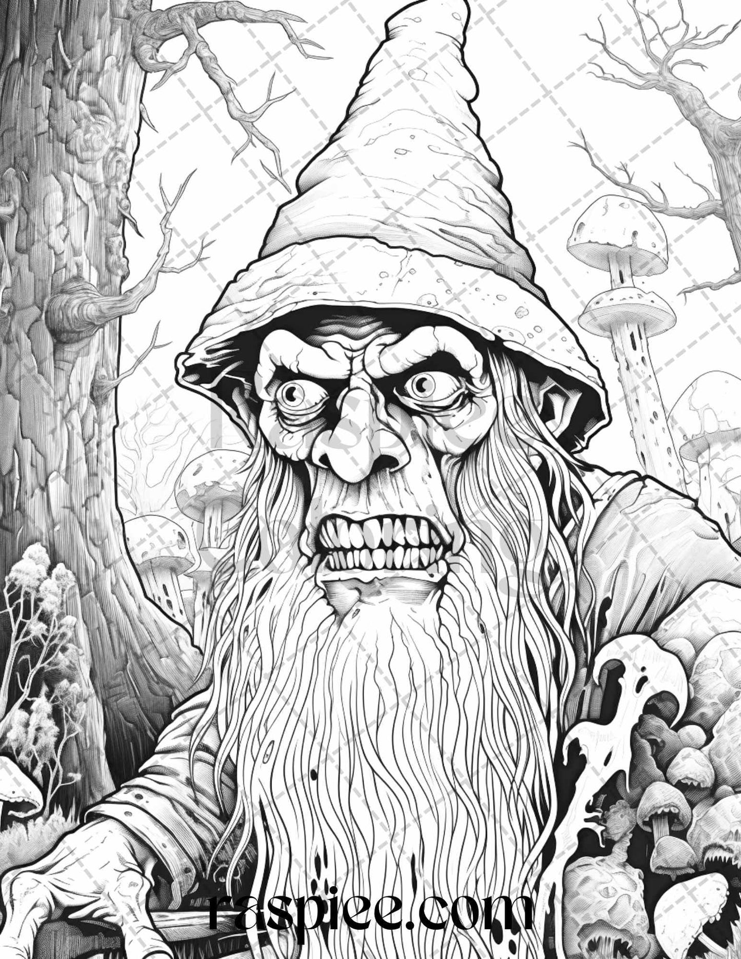 50 Horror Zombie Gnomes Grayscale Coloring Pages Printable for Adults, PDF File Instant Download