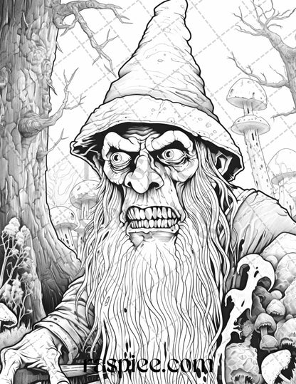 50 Horror Zombie Gnomes Grayscale Coloring Pages Printable for Adults, PDF File Instant Download