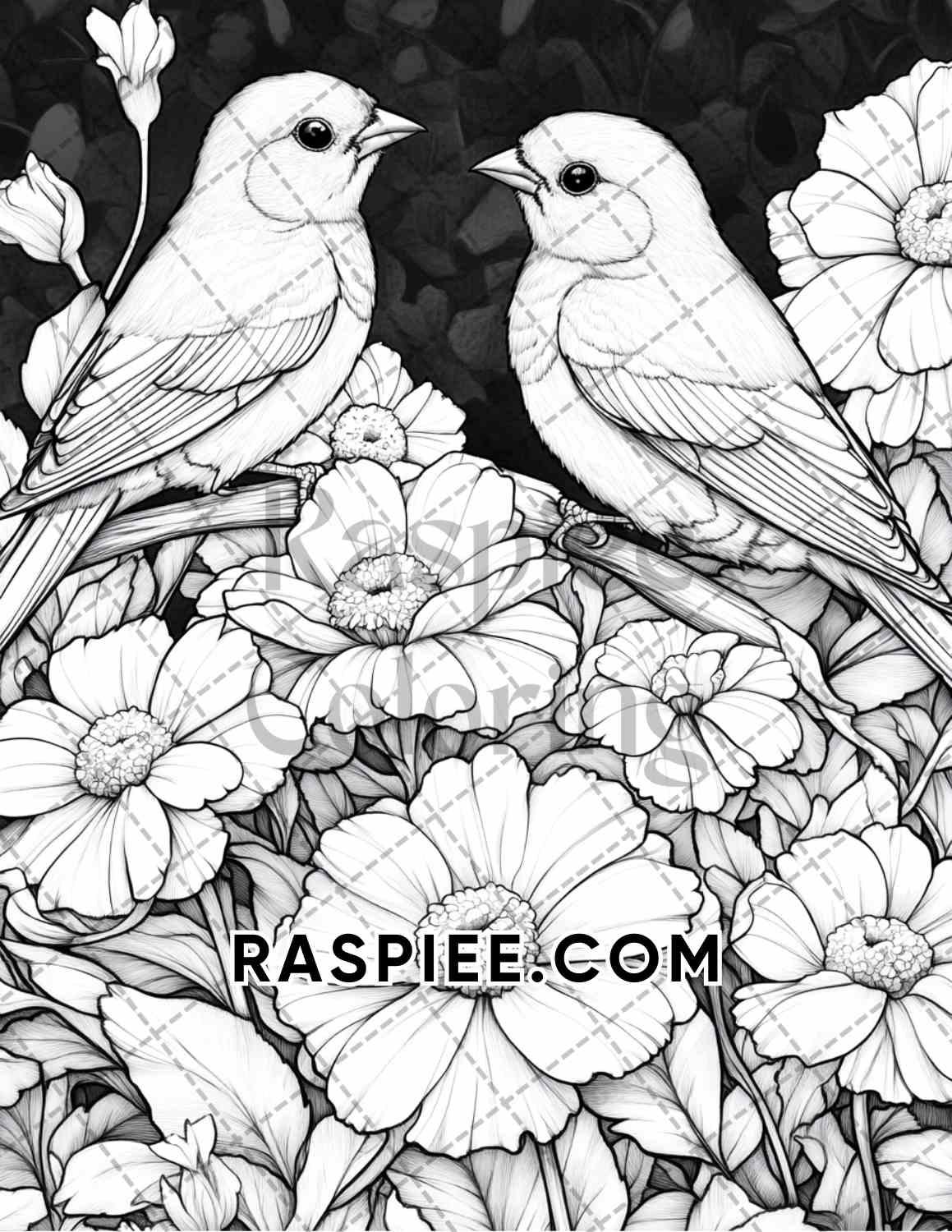 Flowers and Birds Adult Coloring Pages Printable PDF Instant Download