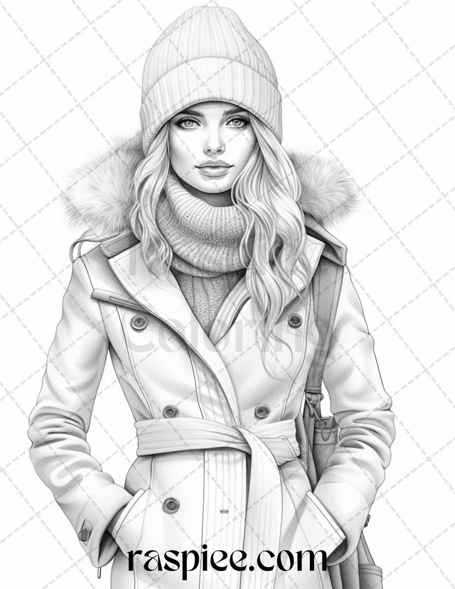 40 Winter Fashion Grayscale Coloring Pages Printable for Adults, PDF File Instant Download