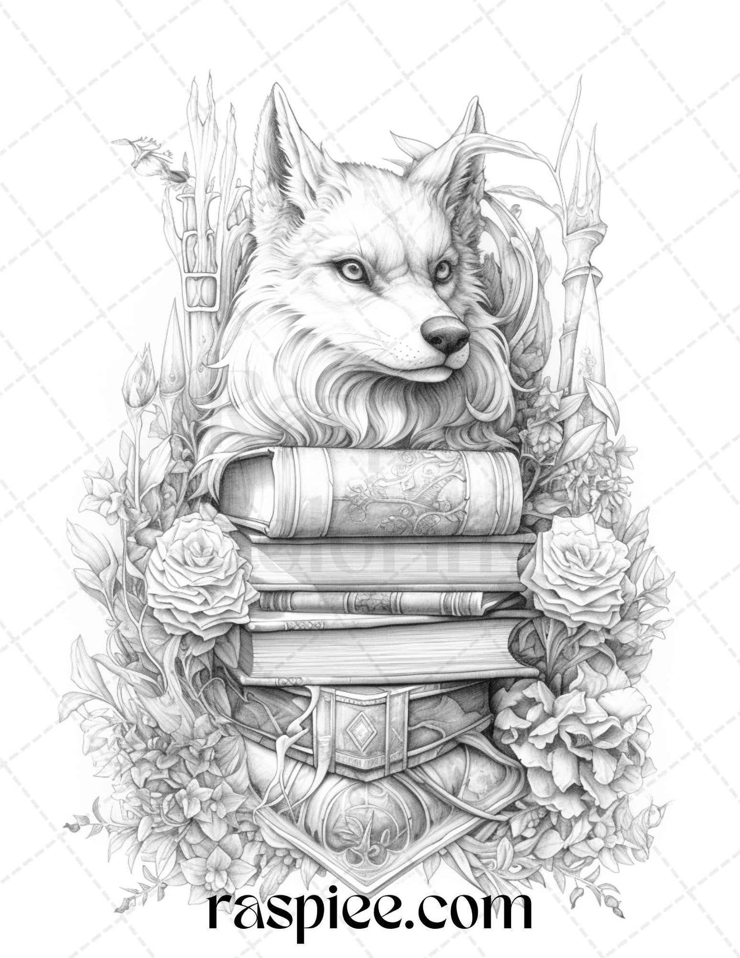 50 Magical Books Grayscale Coloring Pages Printable for Adults, PDF File Instant Download