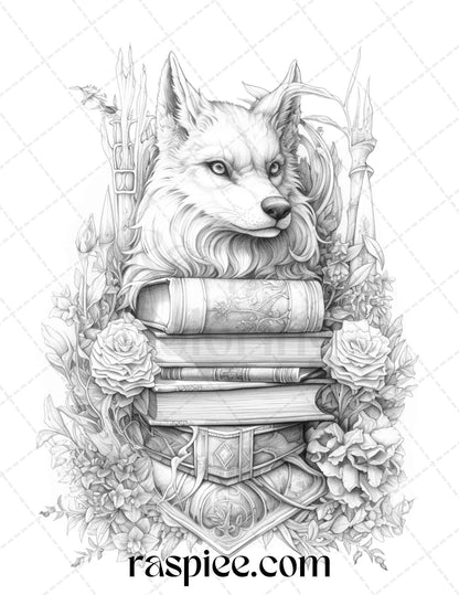 50 Magical Books Grayscale Coloring Pages Printable for Adults, PDF File Instant Download