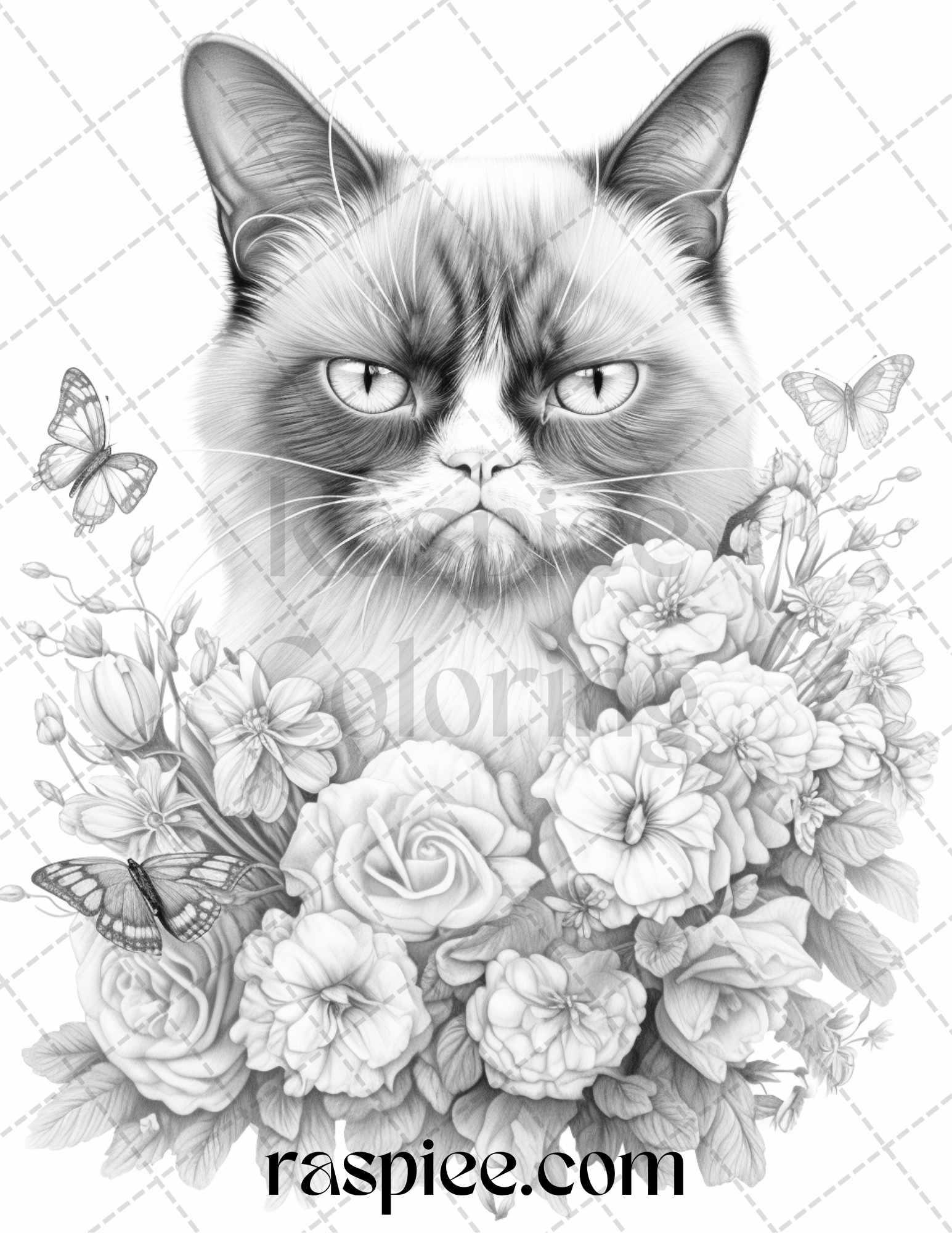 50 Grumpy Cat Grayscale Coloring Pages Printable for Adults, PDF File Instant Download