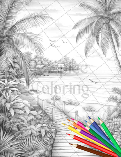 Beautiful Tropical Beach Grayscale Coloring Pages Printable for Adults, PDF File Instant Download