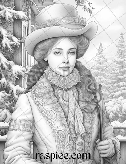 60 Victorian Winter Portrait Grayscale Coloring Pages Printable for Adults, PDF File Instant Download