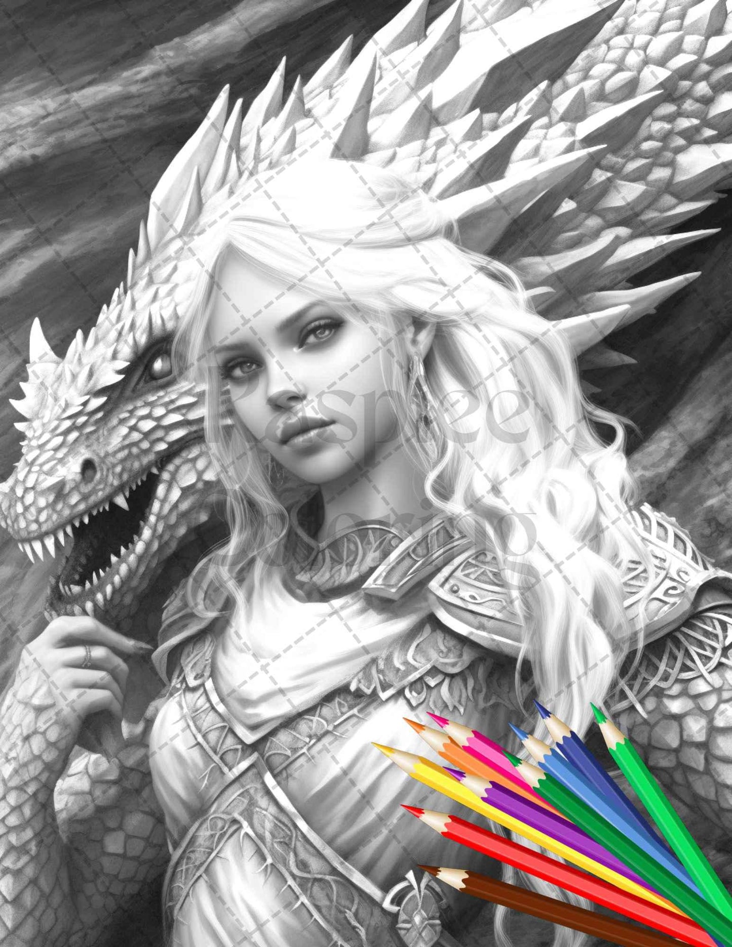 Enchanted Dragon Queens Grayscale Coloring Pages Printable for Adults, PDF File Instant Download