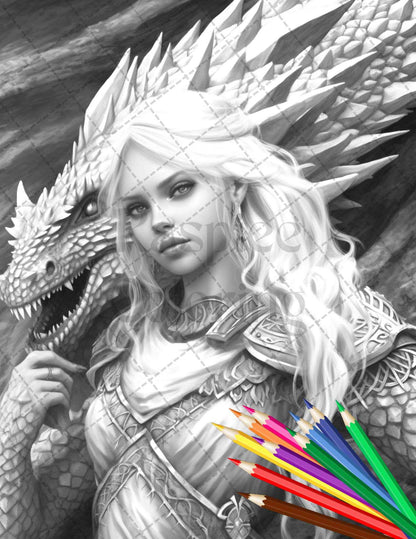 Enchanted Dragon Queens Grayscale Coloring Pages Printable for Adults, PDF File Instant Download