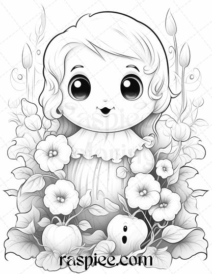 50 Halloween Cute Ghosts Grayscale Coloring Printable for Adults Kids, PDF File Instant Download
