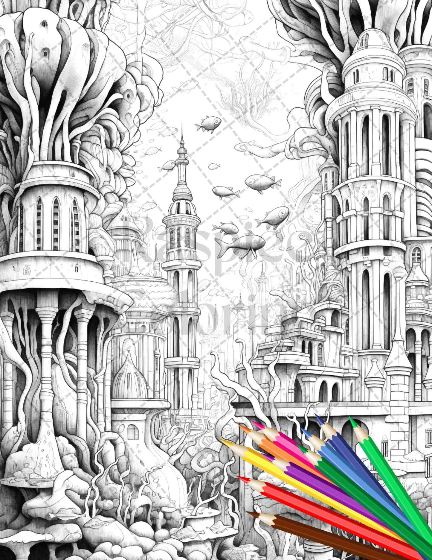 Enchanted Underwater City Grayscale Coloring Pages Printable for Adults, PDF File Instant Download