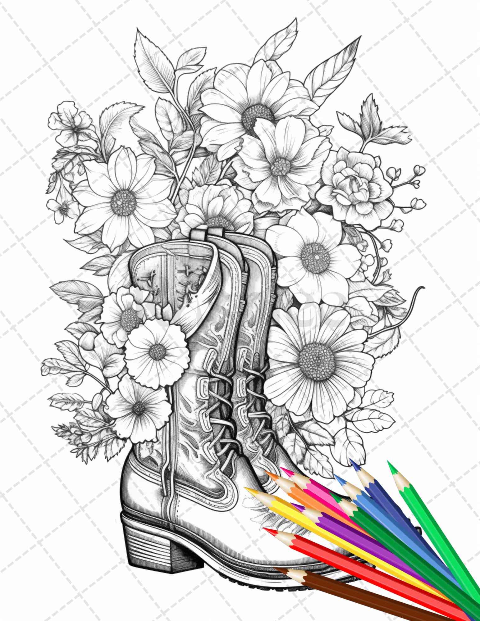 32 Flower Boots Coloring Pages Printable for Adults, Floral Grayscale Coloring Page, PDF File Instant Download