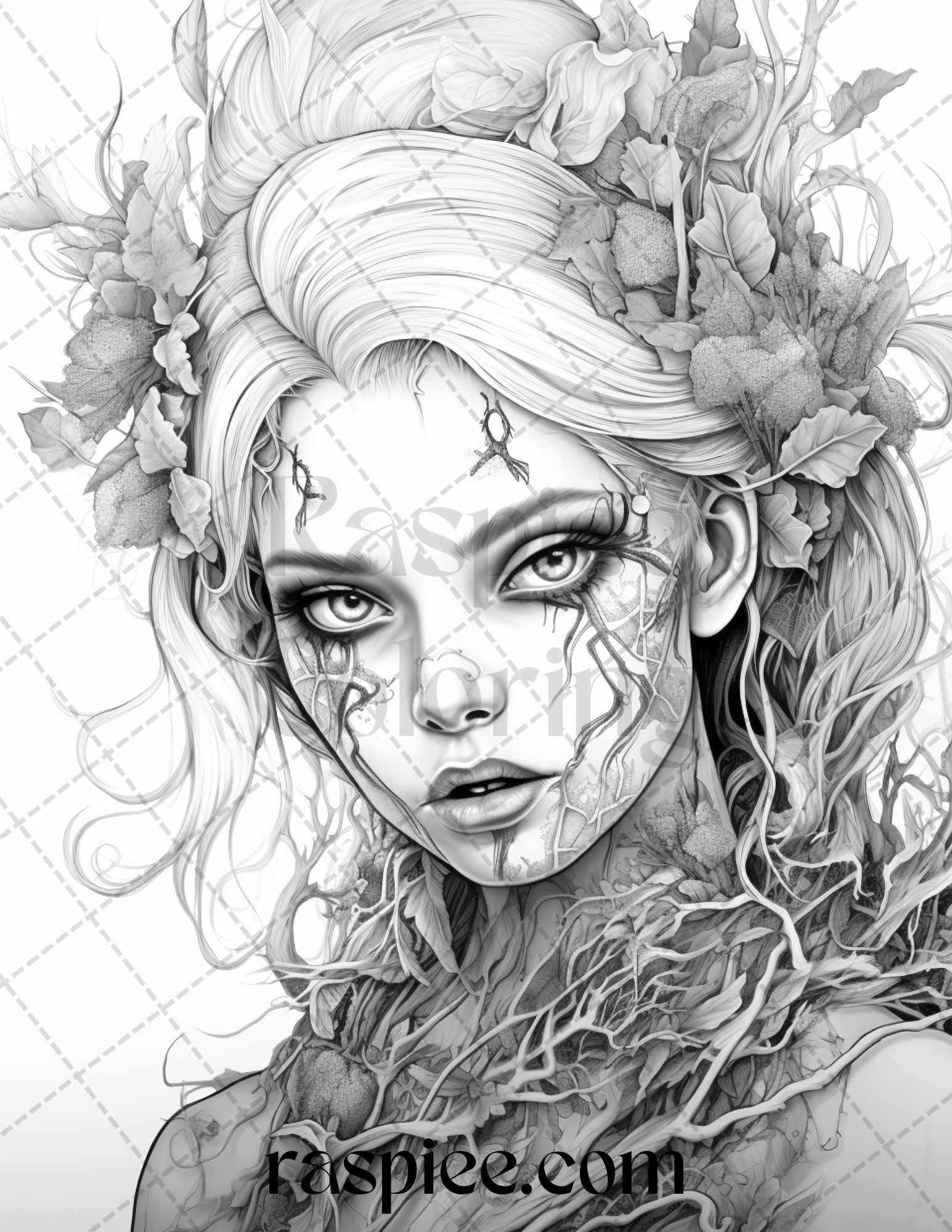 60 Halloween Zombie Fairy Grayscale Coloring Pages Printable for Adults, PDF File Instant Download
