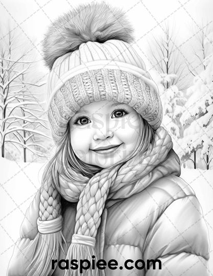 50 Baby Winter Portrait Grayscale Coloring Pages Printable for Adults, PDF File Instant Download