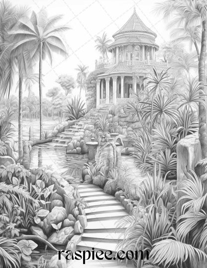 52 Tropical Oasis Grayscale Coloring Pages Printable for Adults, PDF File Instant Download