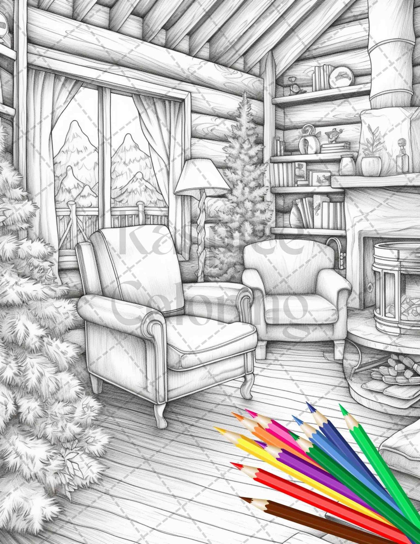 Cozy Cabin Interior Grayscale Coloring Pages Printable for Adults, PDF File Instant Download