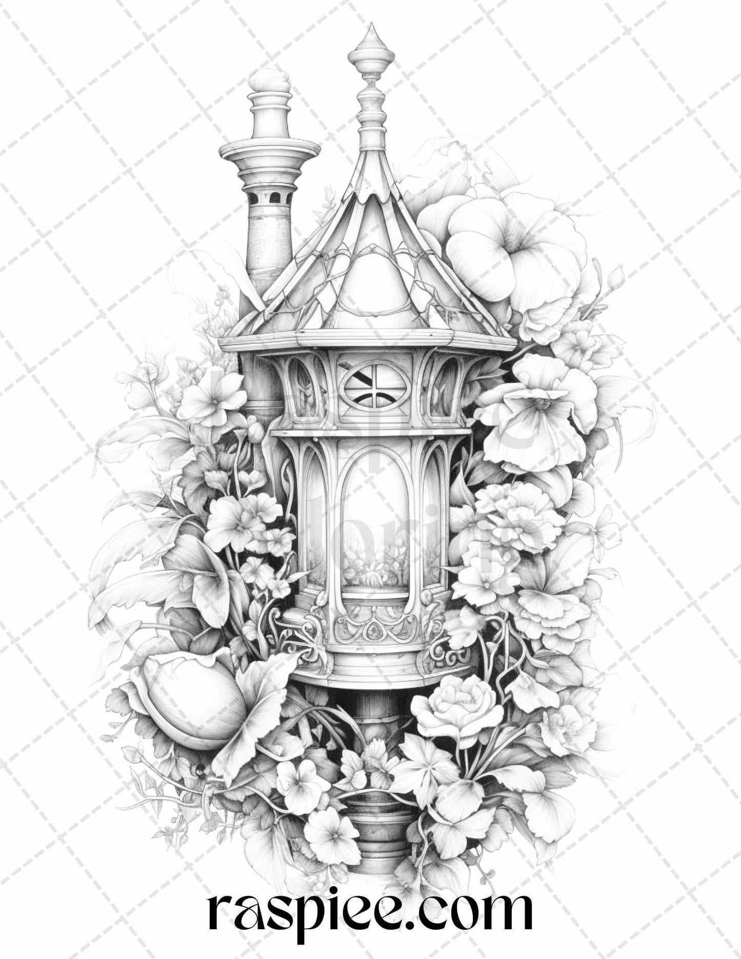 50 Lantern Fairy Houses Grayscale Coloring Pages Printable for Adults, PDF File Instant Download